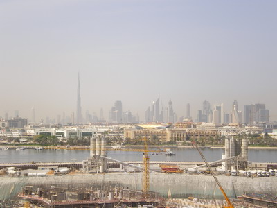 View from our apartment over Dubai Creek, with Burj Khalifa piercing the skyline