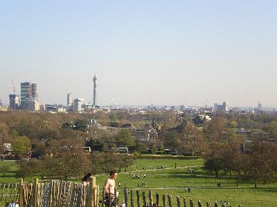 View from Primrose Hill looking out over London Zoo and Regents Park, with BT Tower and London Eye in shot